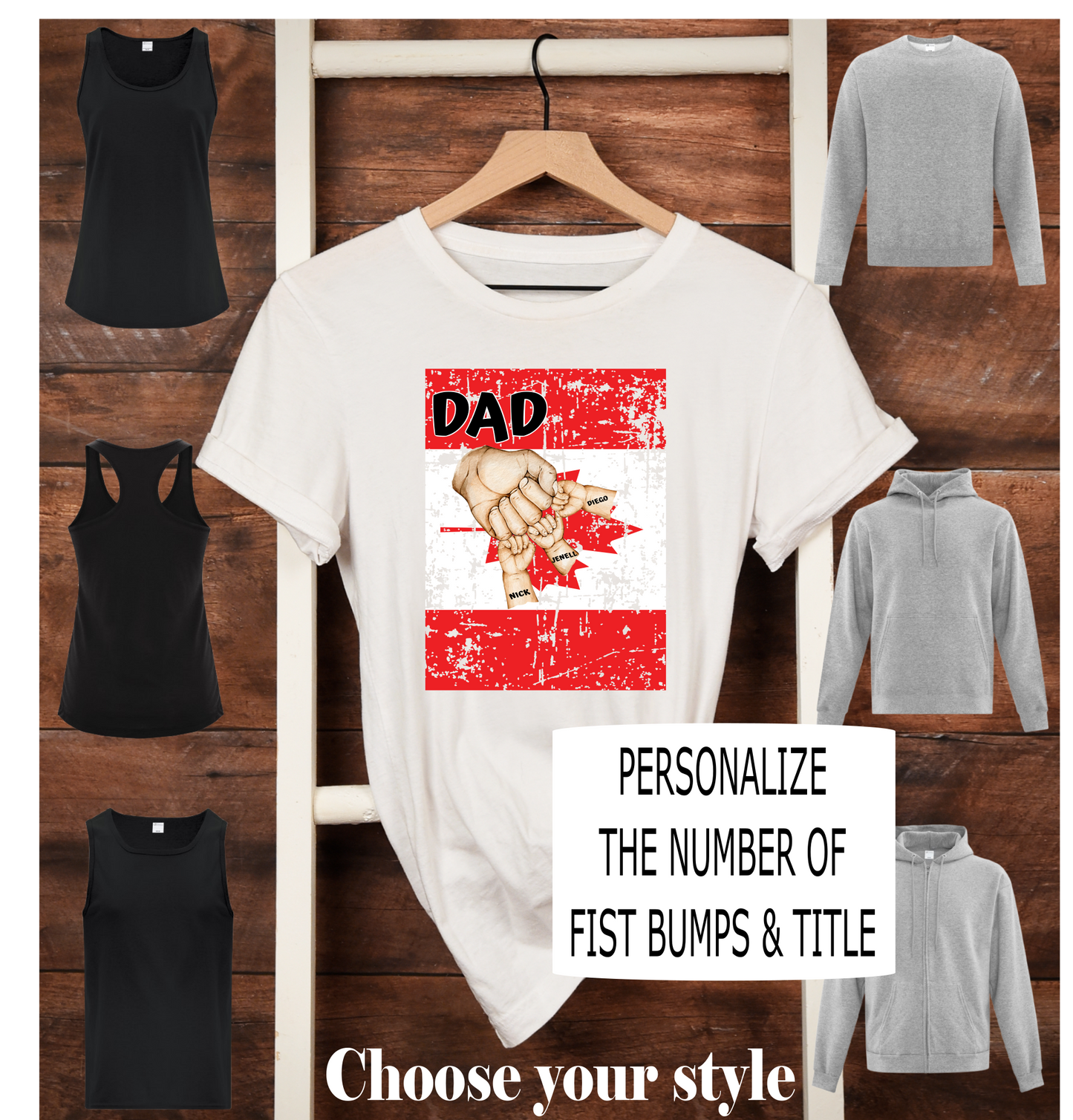 Canadian Flag Fist Bump "Title" with Names of Children, Personalized - Adult T-Shirts, Tank Tops, Sweatshirts & Hoodies