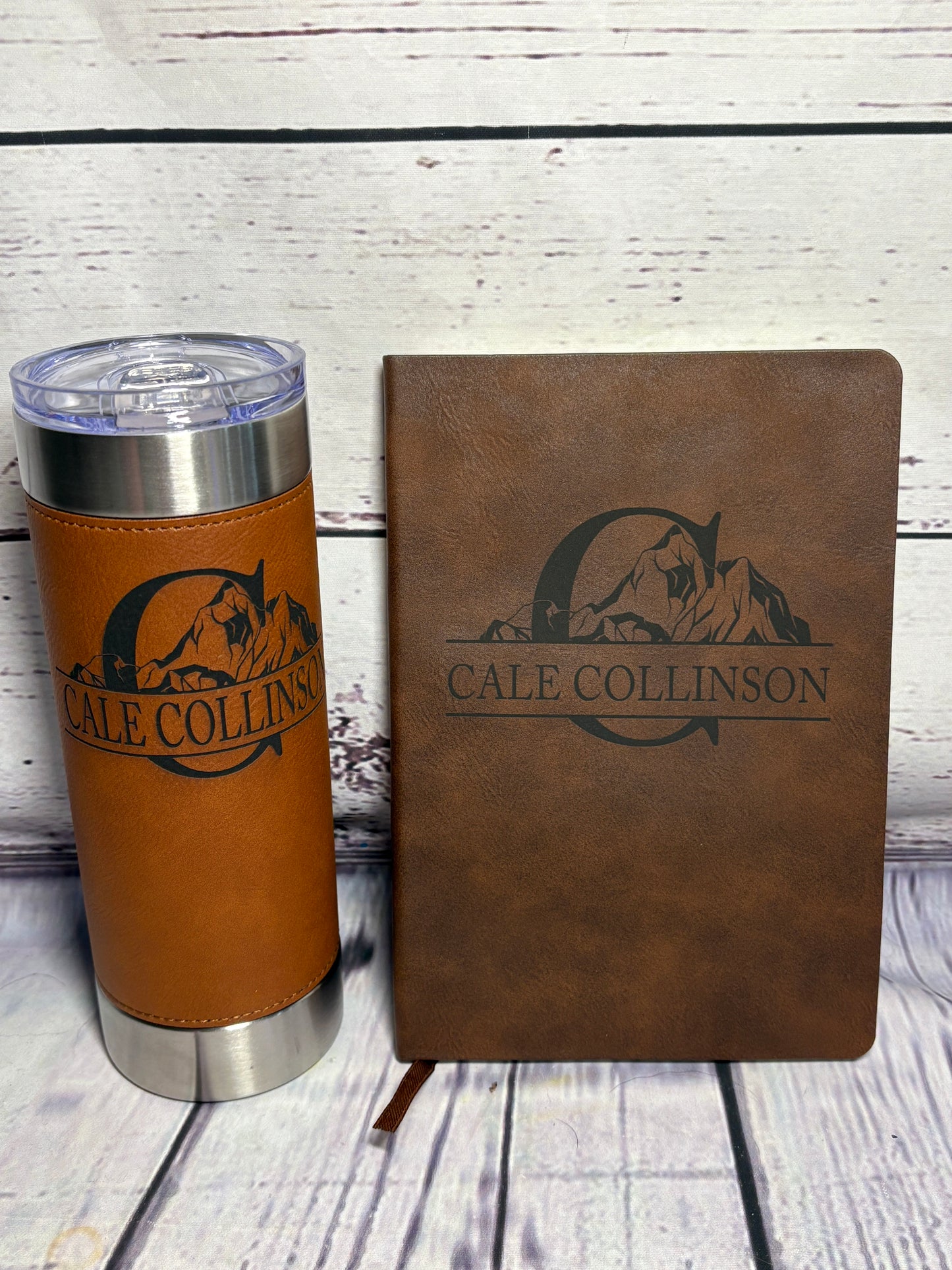 Monogram with Your Name, Mountains - Engraved Leather Notebook, 2 sizes to choose from