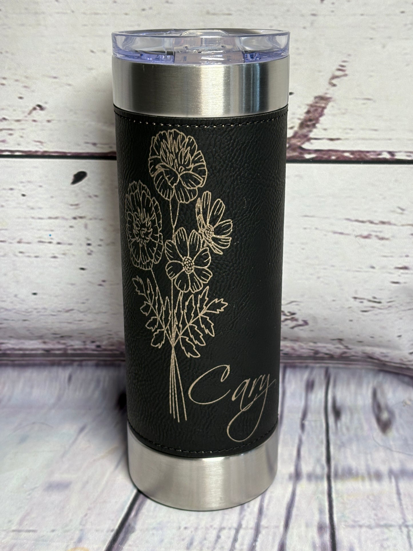 Flower of your Birth Month & your Name - 20oz tumbler, leather wrapped