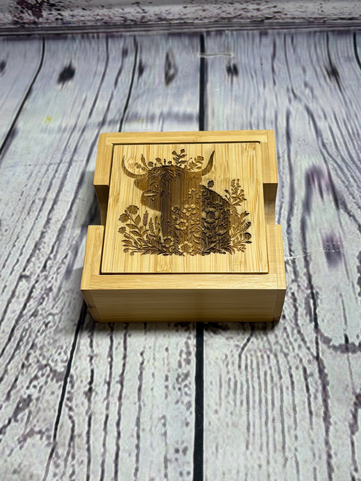 Highland Cows - Bamboo Coasters & Holder Set