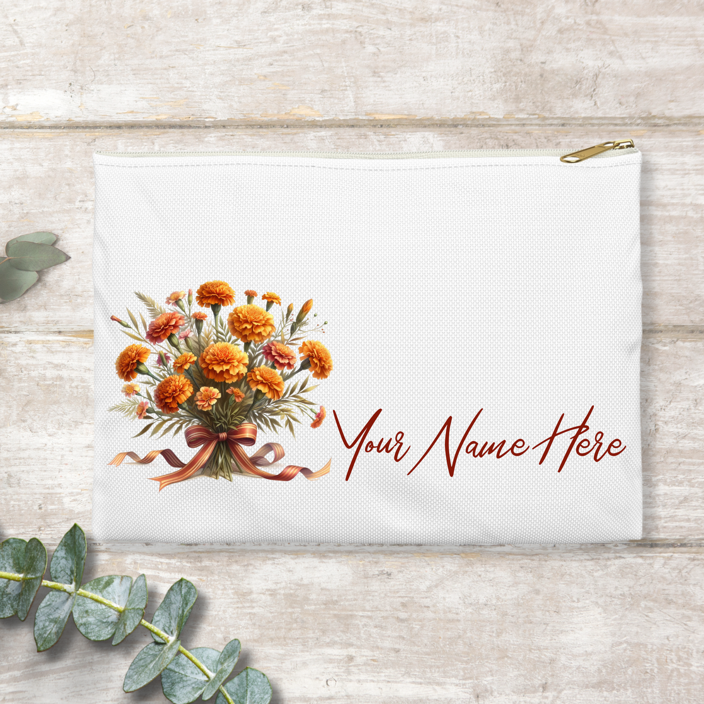 Birth Month Flowers and Name, Personalized - Cosmetic Makeup Bag, Pencil Case, Storage Pouch