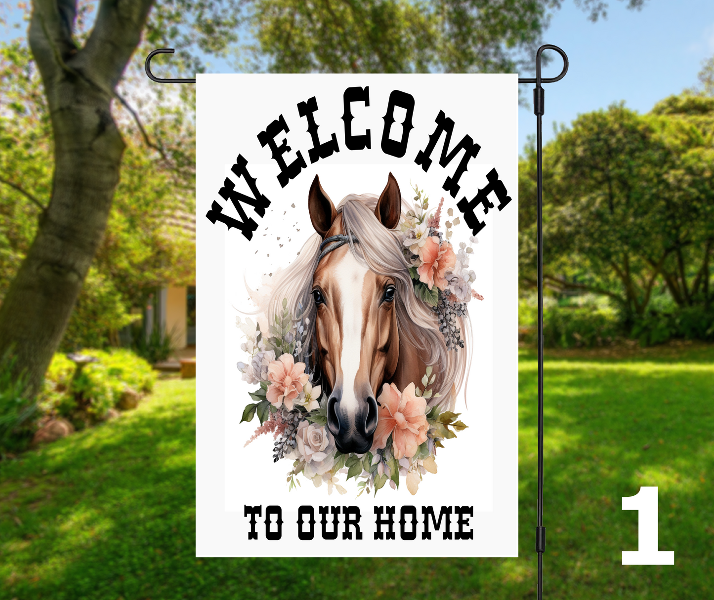 Welcome or Welcome-ish Horse Head with Florals, 8 design options - Garden Flag, 2 styles with or without stand