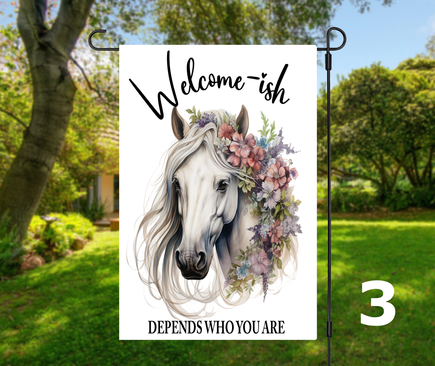 Welcome or Welcome-ish Horse Head with Florals, 8 design options - Garden Flag, 2 styles with or without stand
