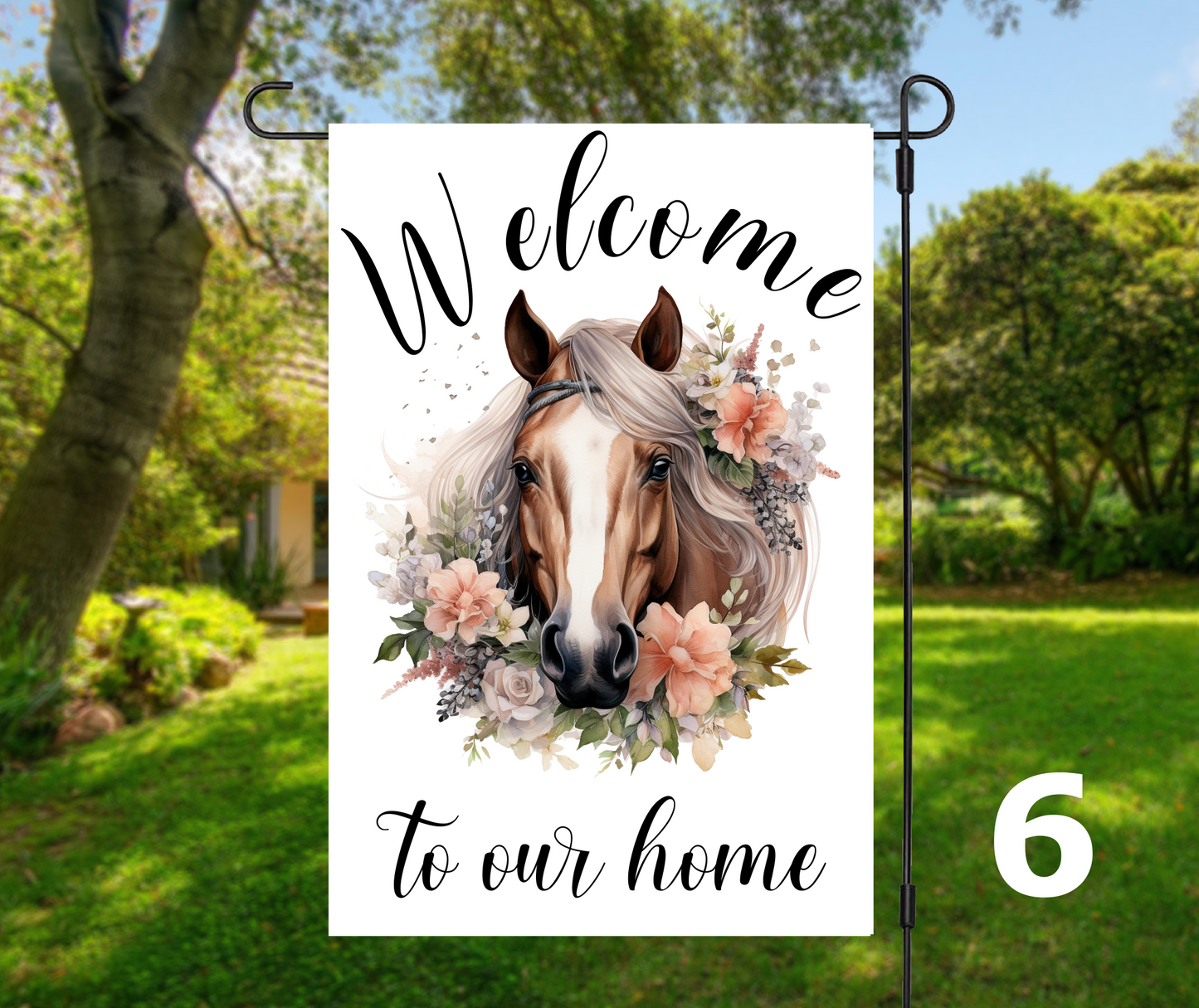 Welcome or Welcome-ish Horse Head with Florals, 8 design options - Garden Flag, 2 styles with or without stand