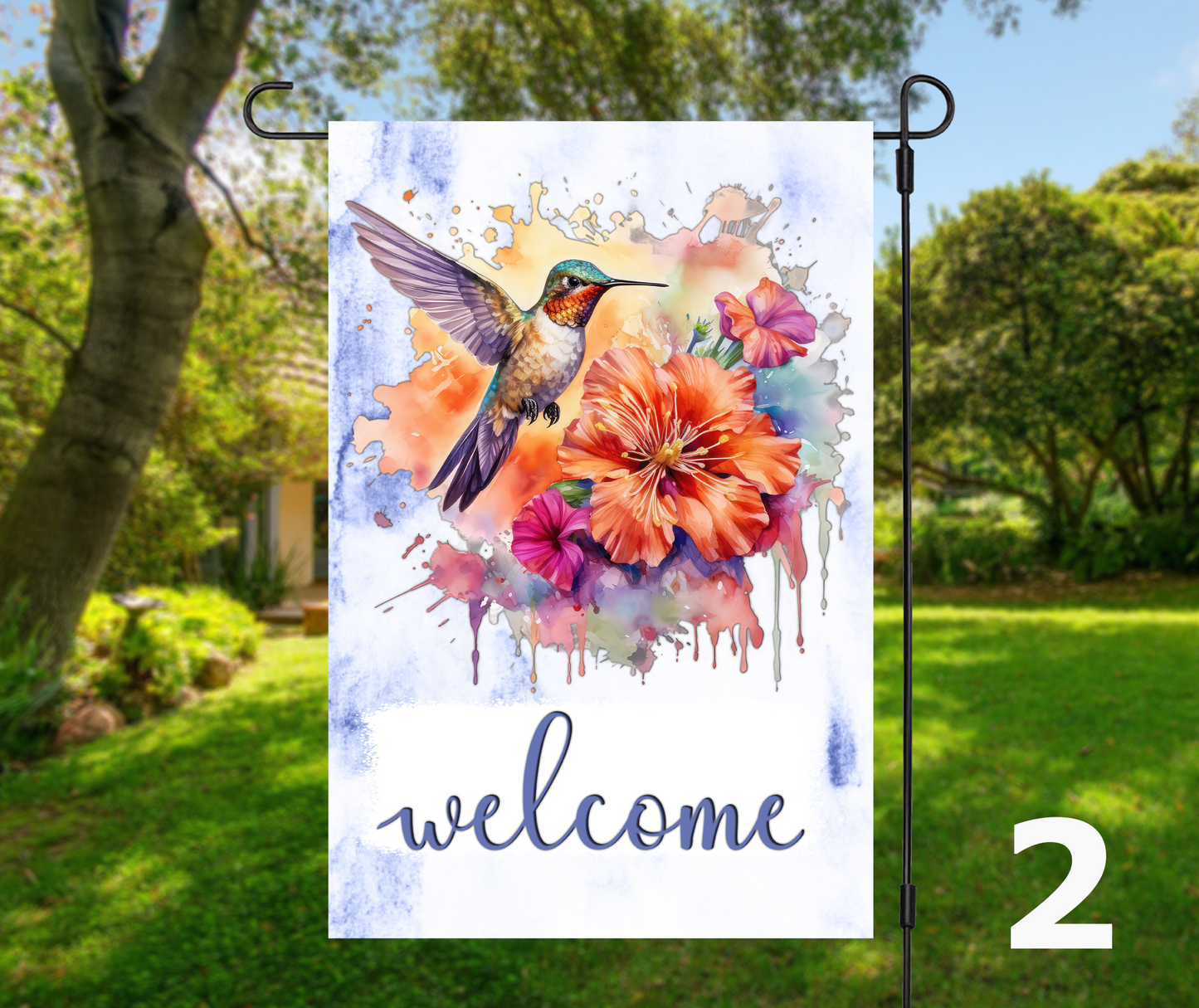 Welcome Hummingbirds & Floral, 6 design options - Garden Flag, 2 styles with or without stand