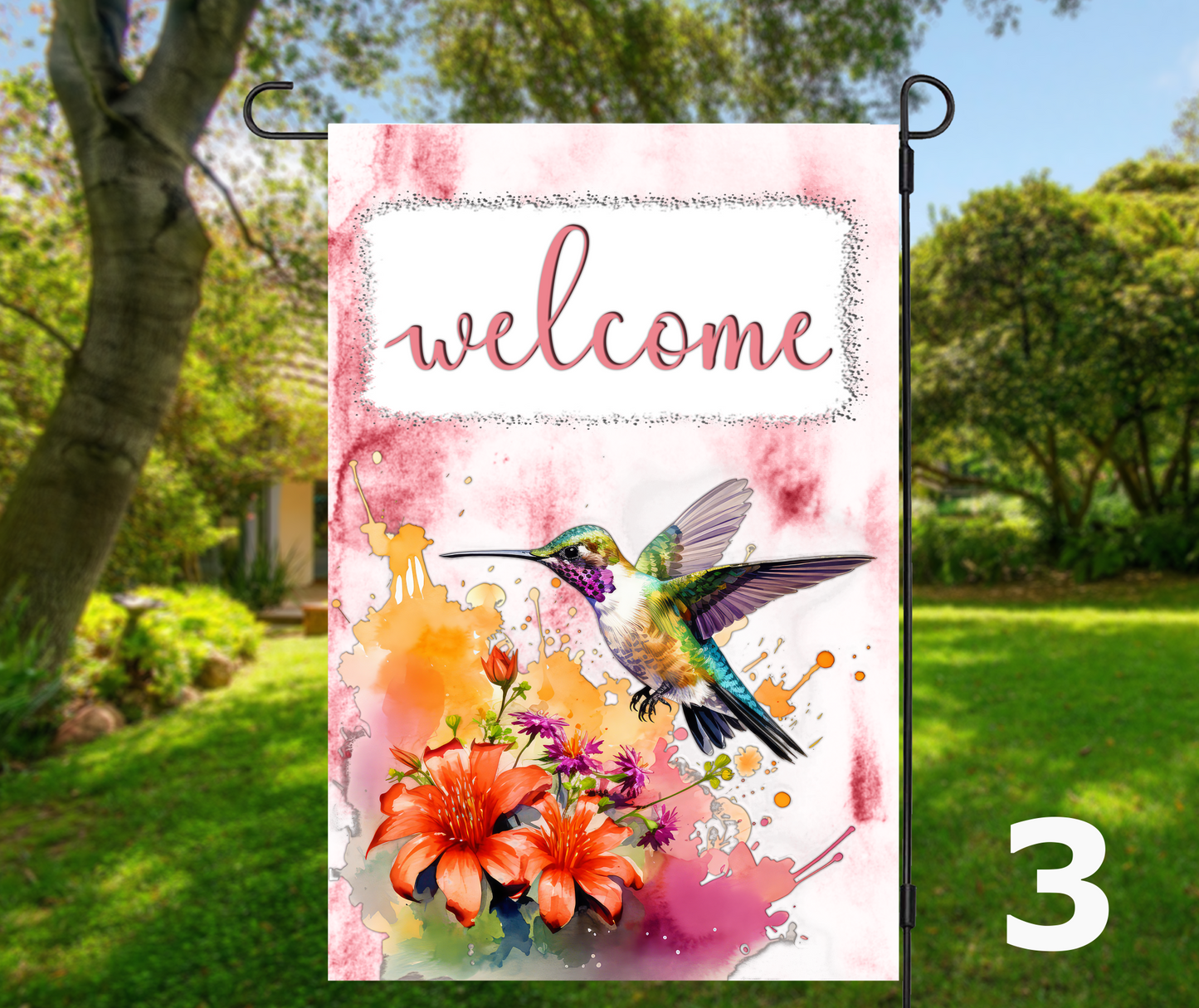 Welcome Hummingbirds & Floral, 6 design options - Garden Flag, 2 styles with or without stand