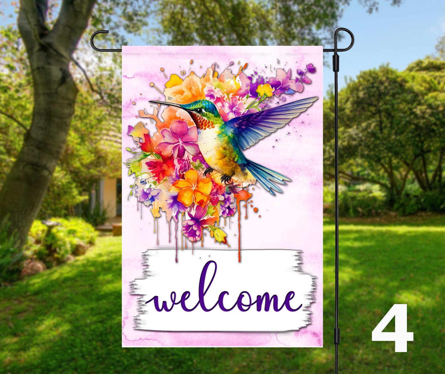 Welcome Hummingbirds & Floral, 6 design options - Garden Flag, 2 styles with or without stand