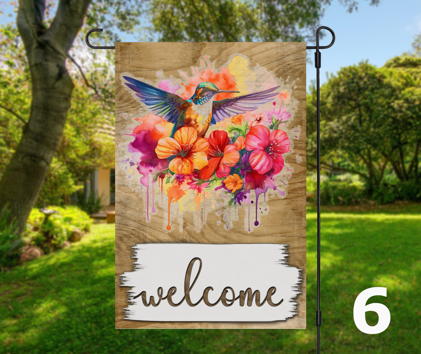 Welcome Hummingbirds & Floral, 6 design options - Garden Flag, 2 styles with or without stand