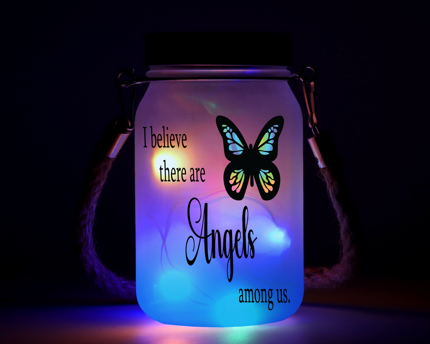 I Believe There Are Angels Among Us - Solar Mason Jar Light with Multicolour Fairy Lights