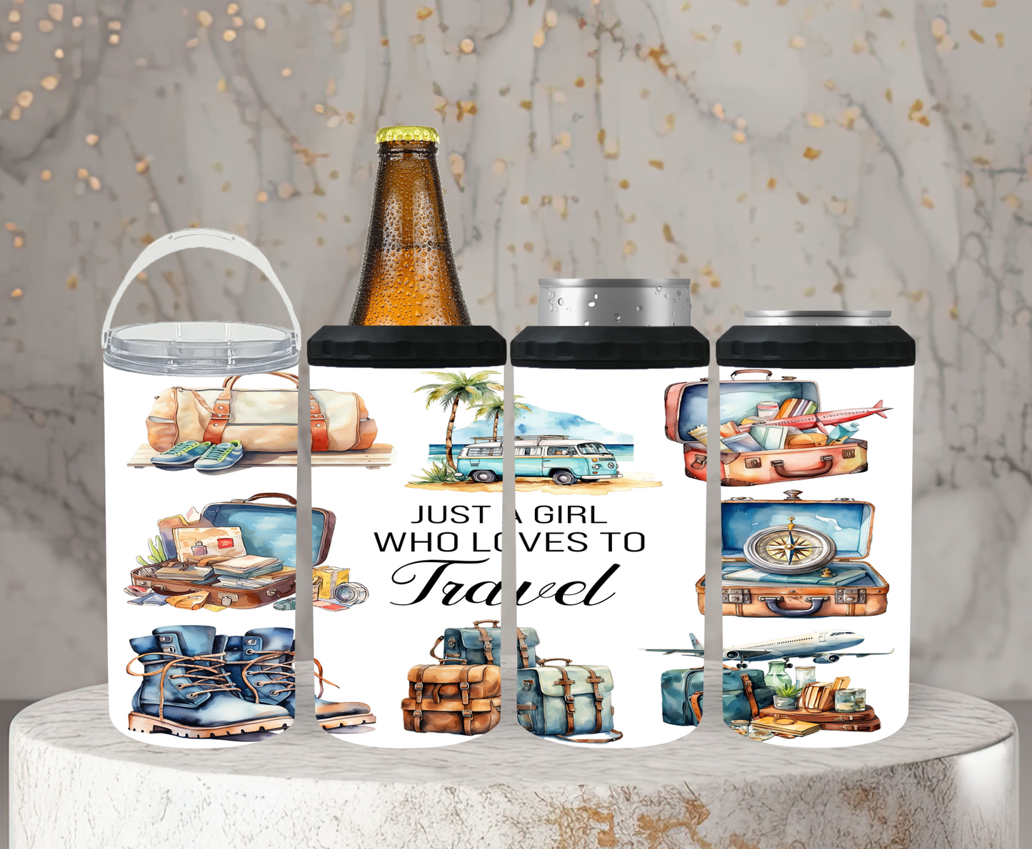 Just A Girl who Loves To Travel - 15, 20 or 30oz skinny tumblers, 4 in 1 can cooler/tumbler and 4 in 1 can cooler/tumbler or 20oz blue tooth speaker tumblers