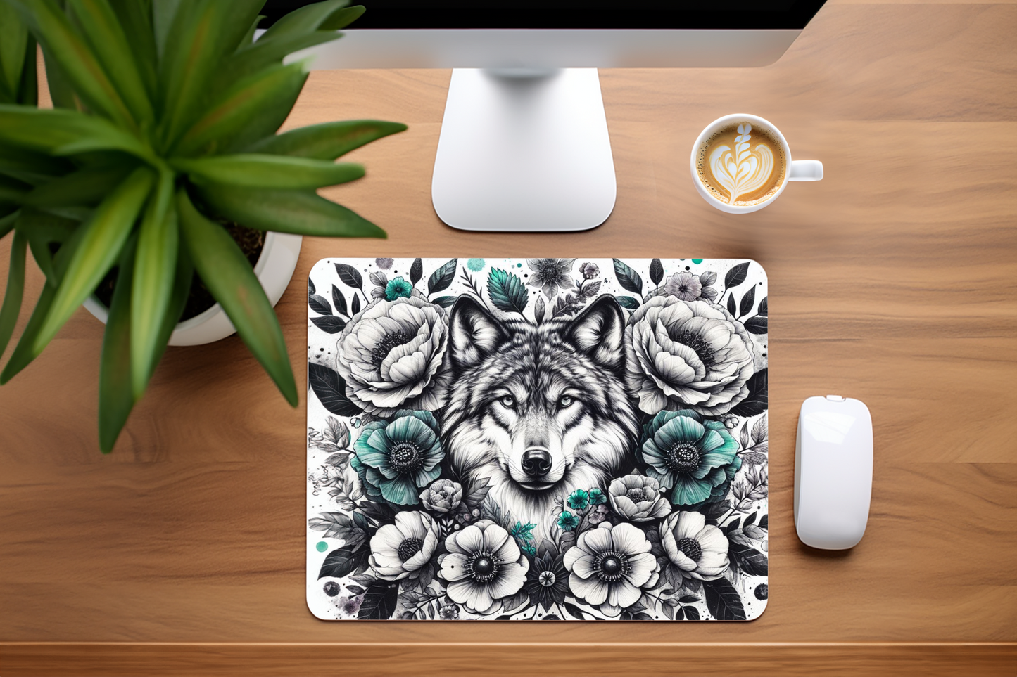Wolf, Teal Flowers - Mouse Pad, 3 sizes to choose from
