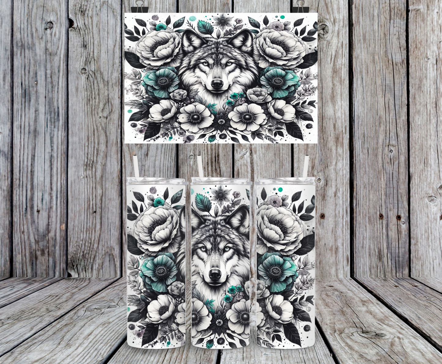 Wolf Surrounded By Florals, Teal - 15, 20 or 30oz skinny tumblers, 4 in 1 can cooler/tumbler and 4 in 1 can cooler/tumbler or 20oz blue tooth speaker tumblers