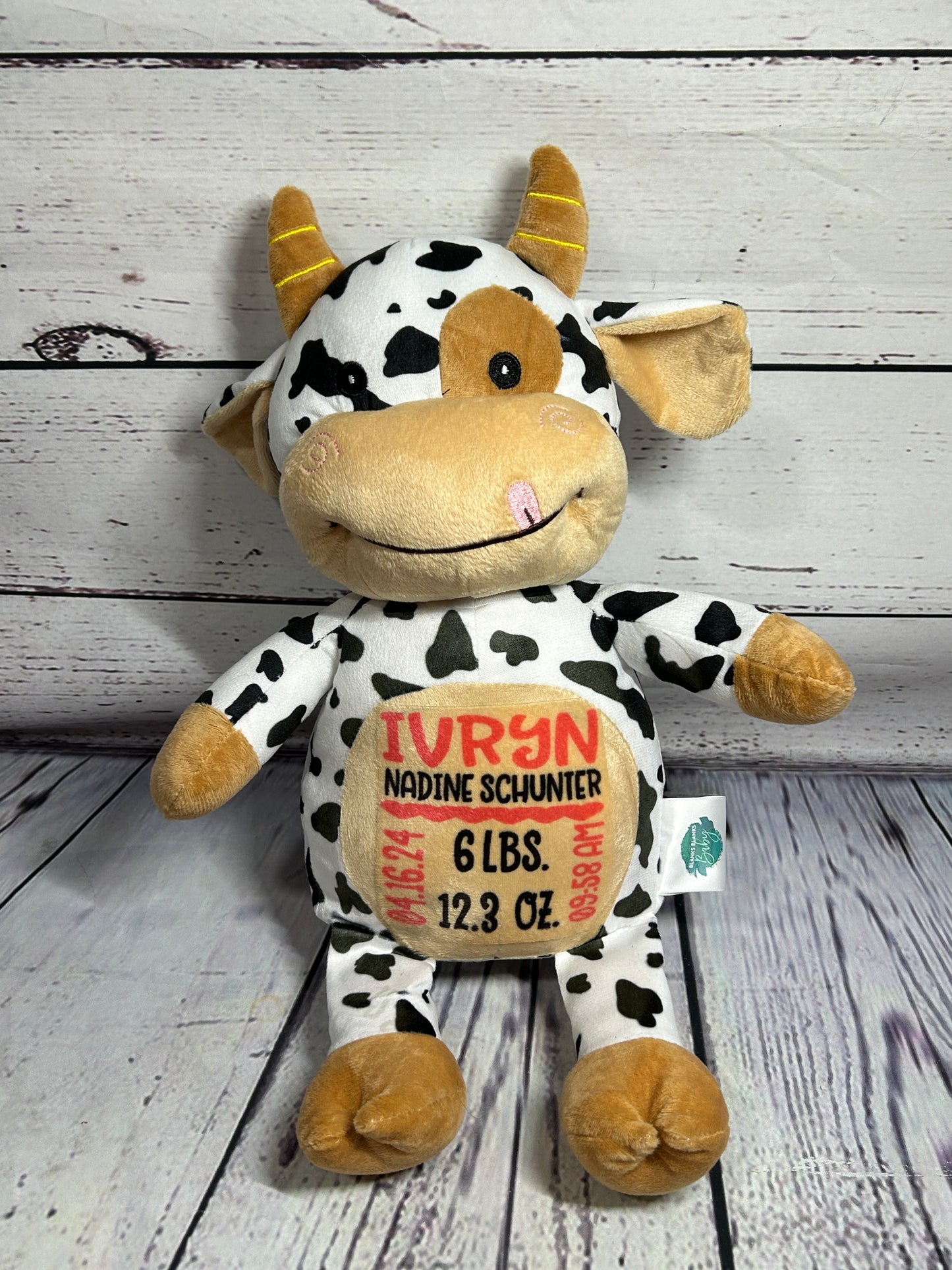 Cow, Stuffed Black & White with Horns - Customize with Birth Stats, Etc.