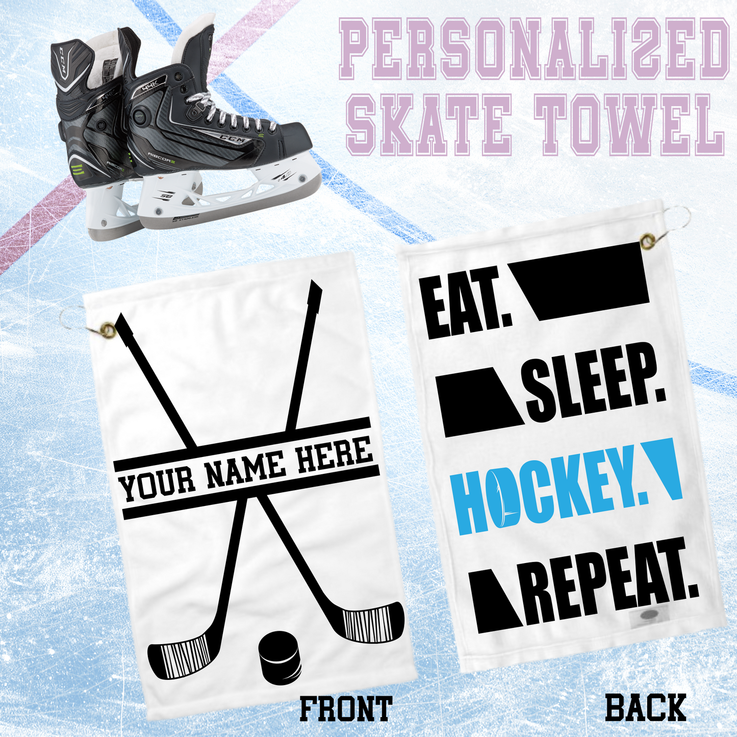 Eat Sleep Hockey Repeat, Personalized - Hockey Skate Towel