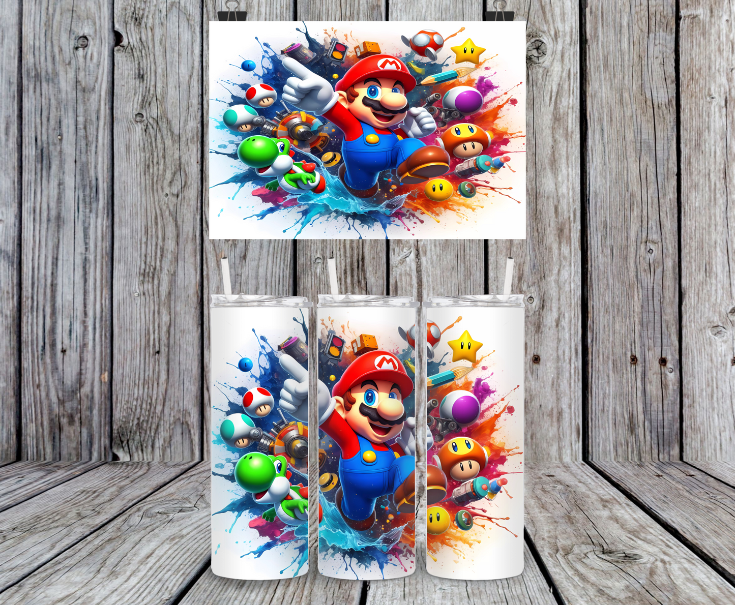 Mario Splash - 15, 20 or 30oz skinny tumblers, 4 in 1 can cooler/tumbler and 4 in 1 can cooler/tumbler or 20oz blue tooth speaker tumblers