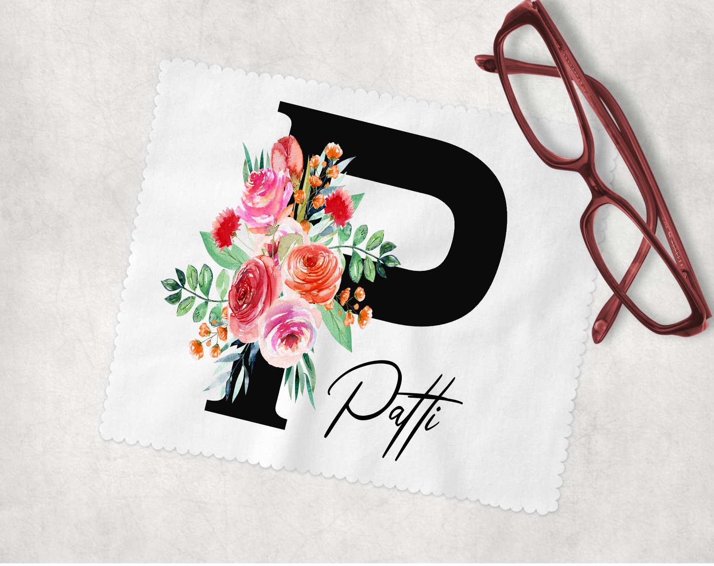 Monogram & Name, Flowers - Lens Cleaning Cloth