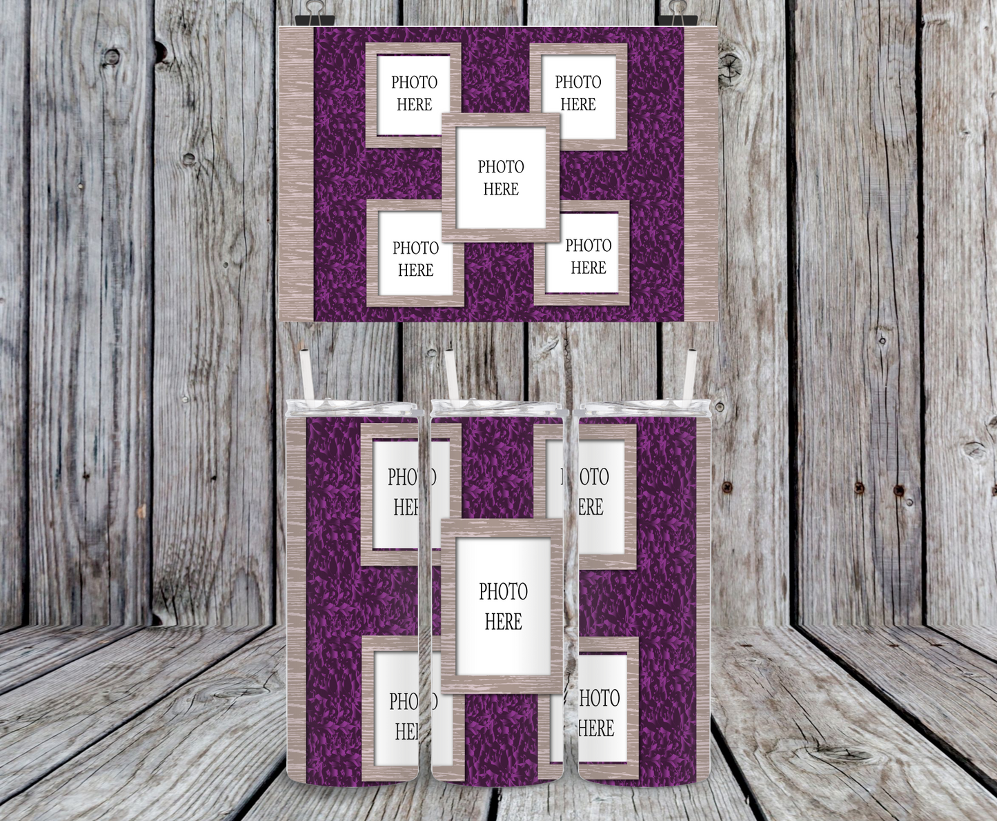 Photo Collage - Purple, Display 5 of Your Favourite Pics!, Personalized - 15, 20 or 30oz skinny tumblers, 4 in 1 can cooler/tumbler and 4 in 1 can cooler/tumbler or 20oz blue tooth speaker tumblers
