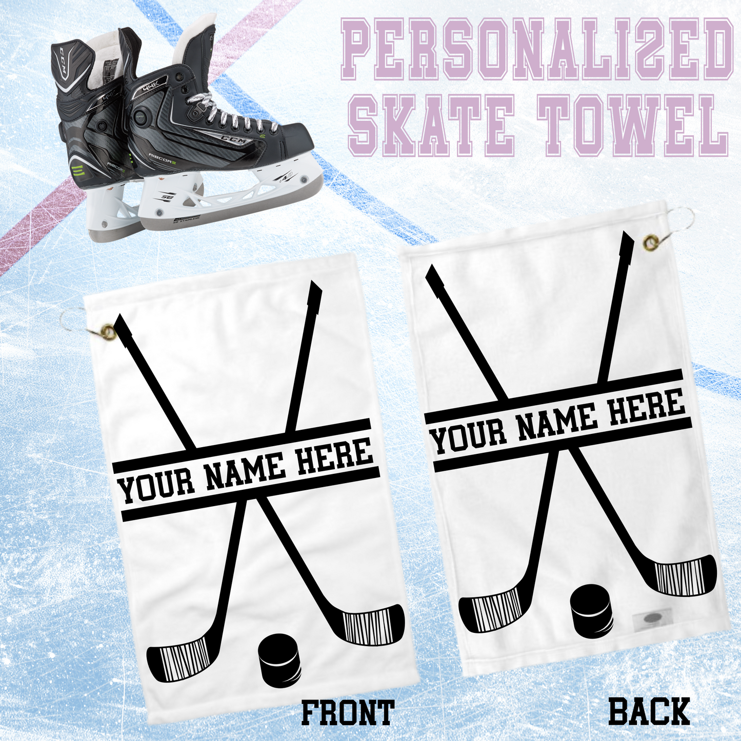 Crossed Hockey Sticks, Personalized - Hockey Skate Towel
