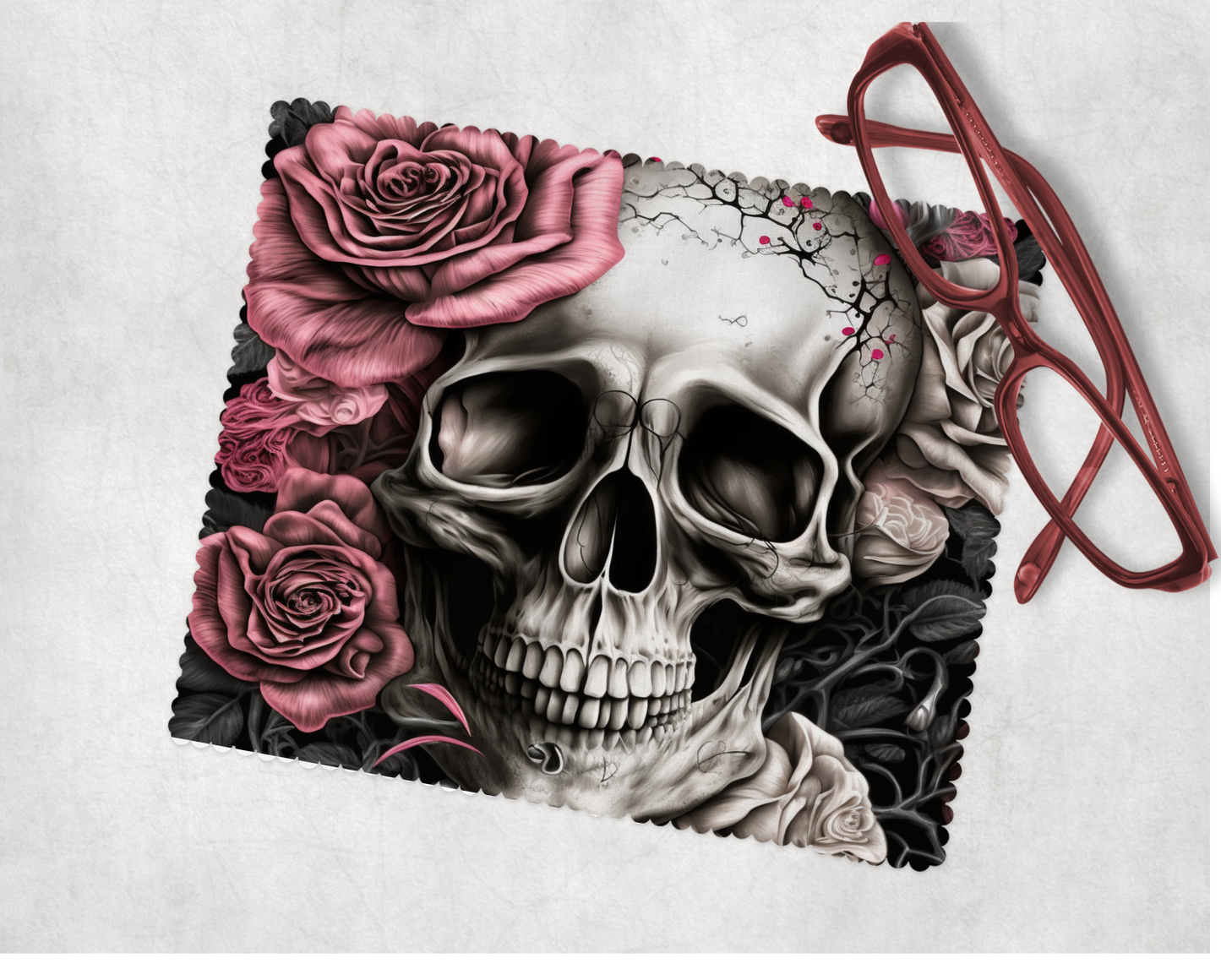 Skulls, Pink Roses - Lens Cleaning Cloth