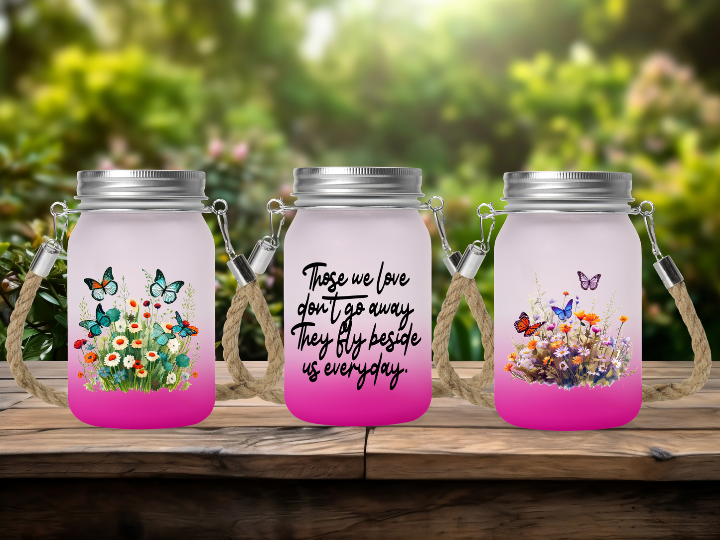 Those We Love Don't Go Away They Fly Beside Us Everyday, Memorial - Solar Mason Jar Light with Multicolour Fairy Lights