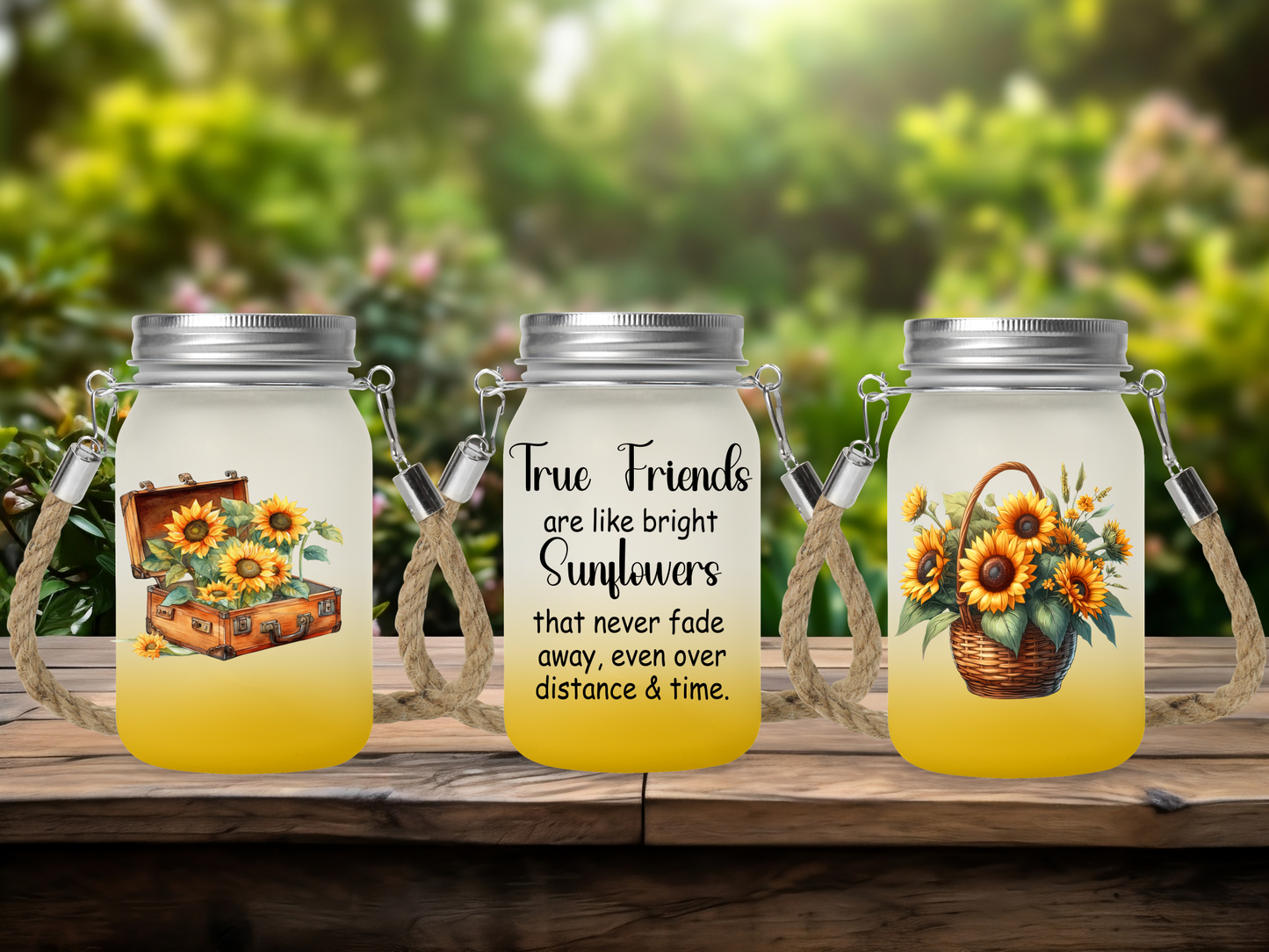 True Friends Are Bright Sunflowers Than Never Fade Away Even Over Distance & Time - Solar Mason Jar Light with Multicolour Fairy Lights