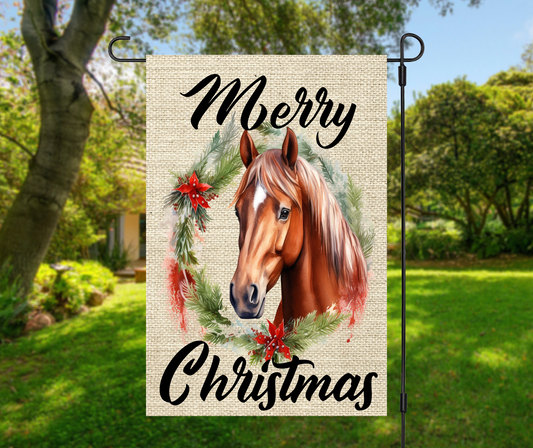 Merry Christmas/Happy New Year, Horse heads in Wreaths, 2 designs 1 flag - Garden Flag, 2 styles with or without stand (Copy)