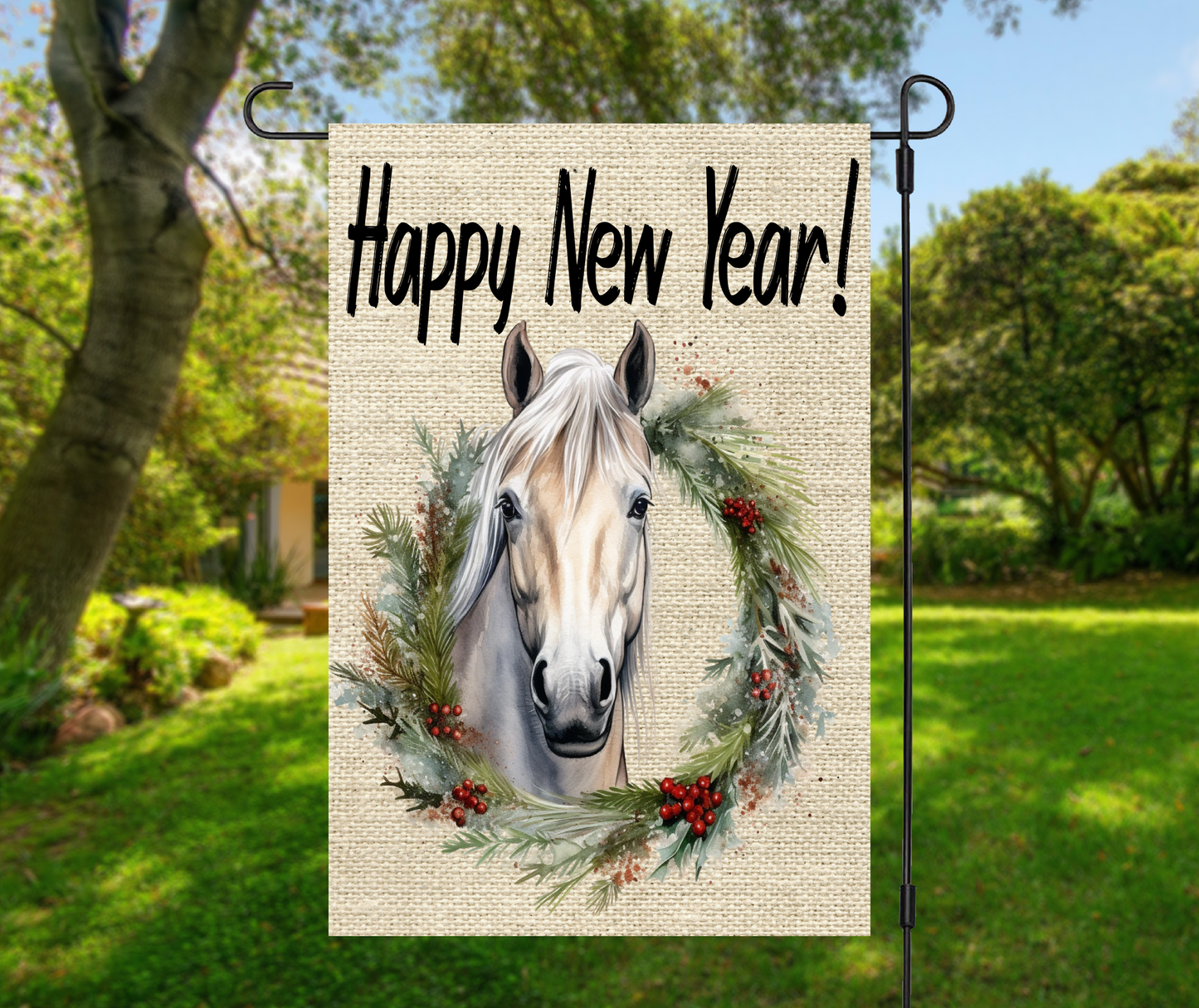 Merry Christmas/Happy New Year, Horse heads in Wreaths, 2 designs 1 flag - Garden Flag, 2 styles with or without stand (Copy)
