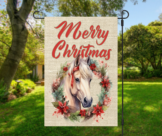 Merry Christmas, Horse head in Wreath - Garden Flag, 2 styles with or without stand