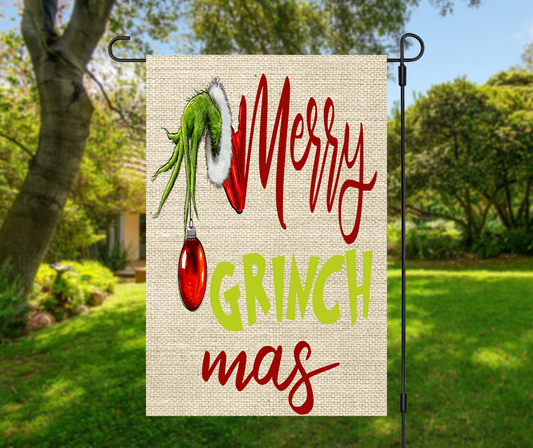 Merry Grinchmas, Grinch Hand & Ornament - Garden Flag, 2 styles with or without stand