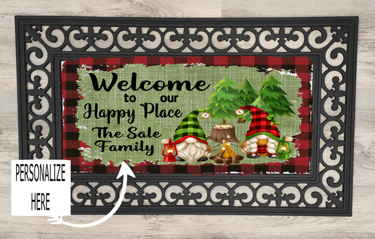 Welcome To Our Happy Place, Gnomes, Personalized - Door Mat with Insert or Insert Only, heavy rubber 2 sizes to choose from