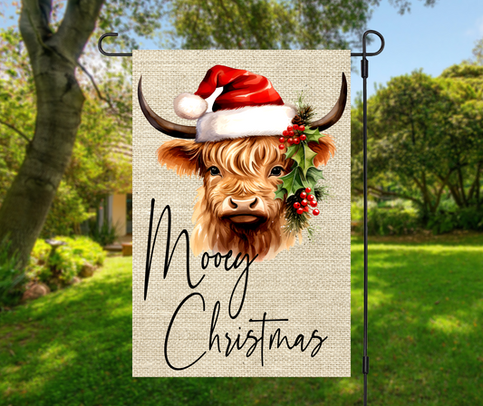 Mooey Christmas, Highland Cow- Garden Flag, 2 styles with or without stand