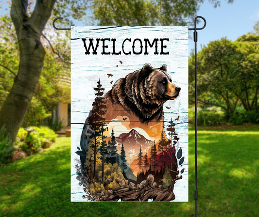 Welcome Bear Scene, Customize Greeting - Garden Flag, 2 styles with or without stand