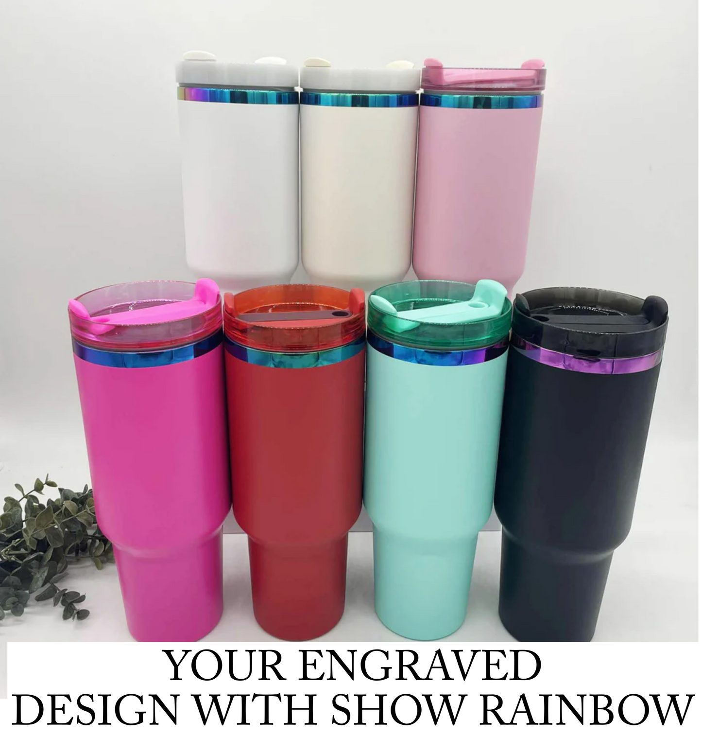 Design Your Own - Engraved Rainbow Plated 40oz tumbler with handle