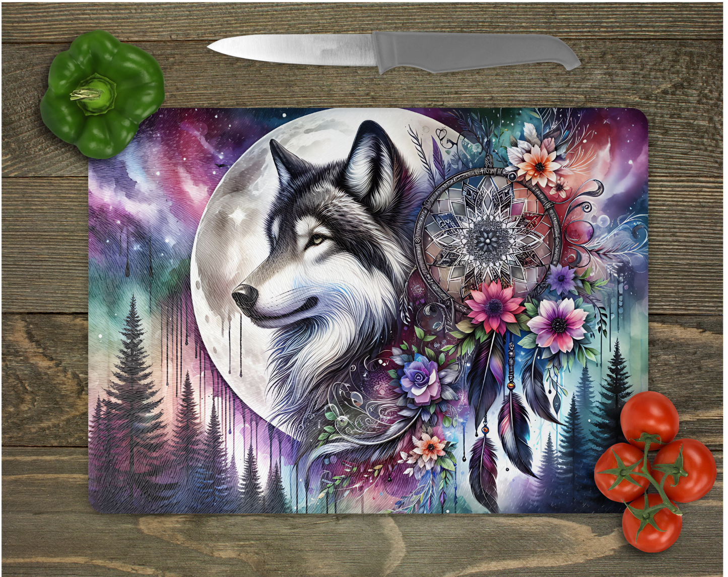 Northern Lights & Wolf Tempered Glass Cutting Board, Trivet