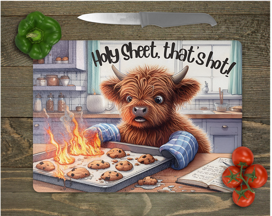 Holy Sheet, That's Hot, Highland Cow Tempered Glass Cutting Board, Trivet