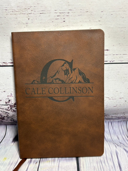 Monogram with Your Name, Mountains - Engraved Leather Notebook, 2 sizes to choose from