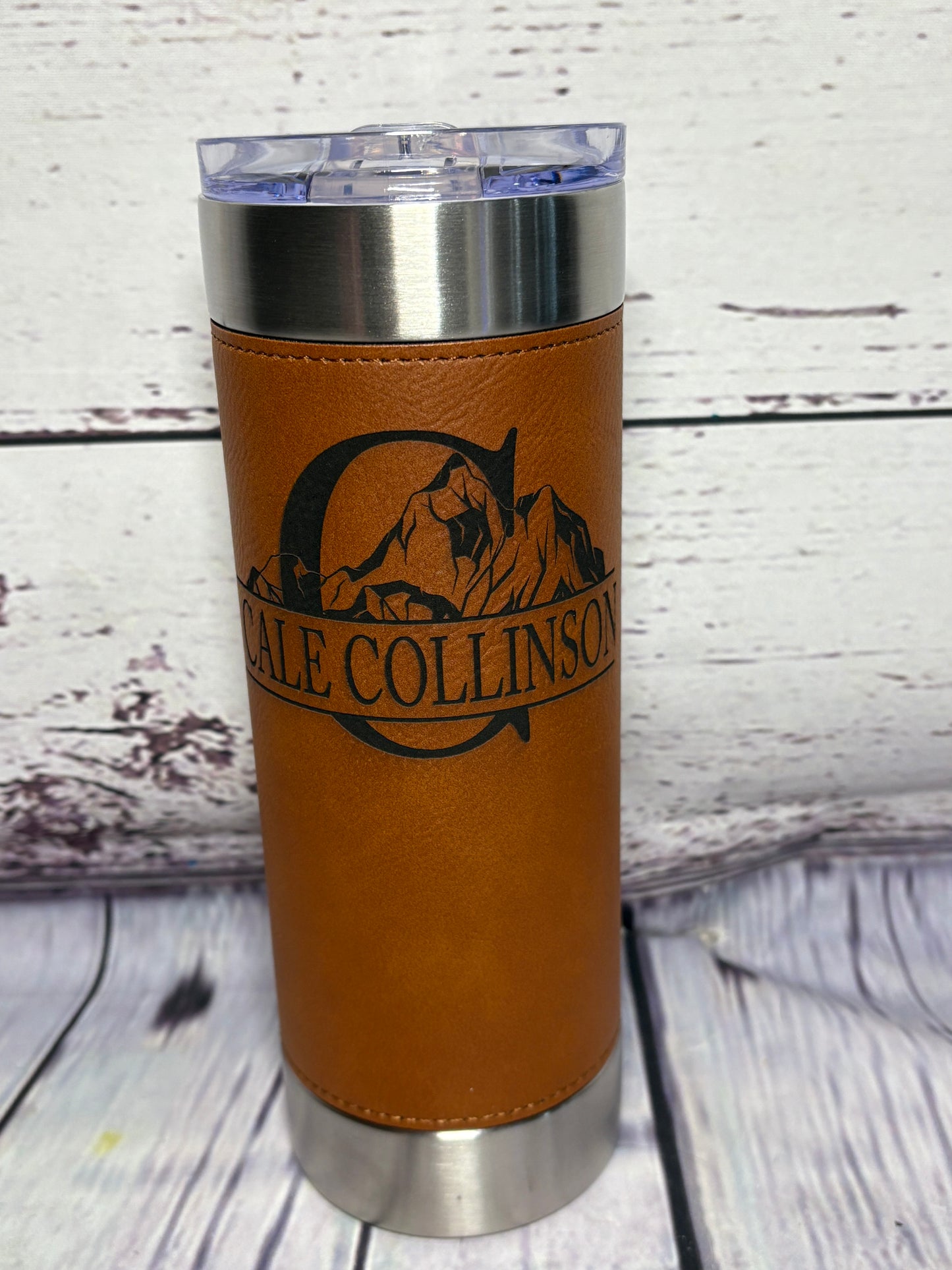 Monogram with Your Name, Mountains - 20oz tumbler, leather wrapped