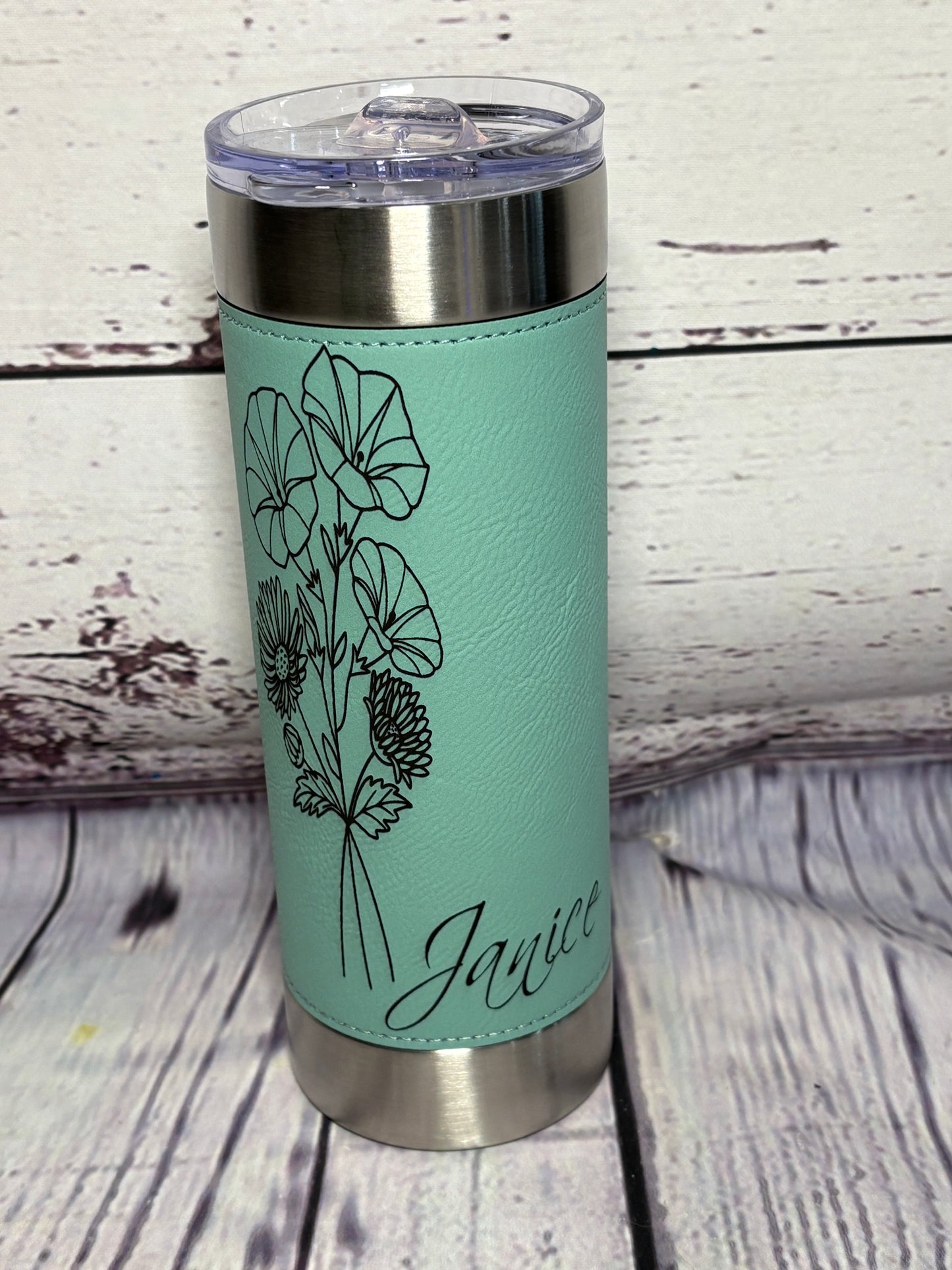 Flower of your Birth Month & your Name - 20oz tumbler, leather wrapped