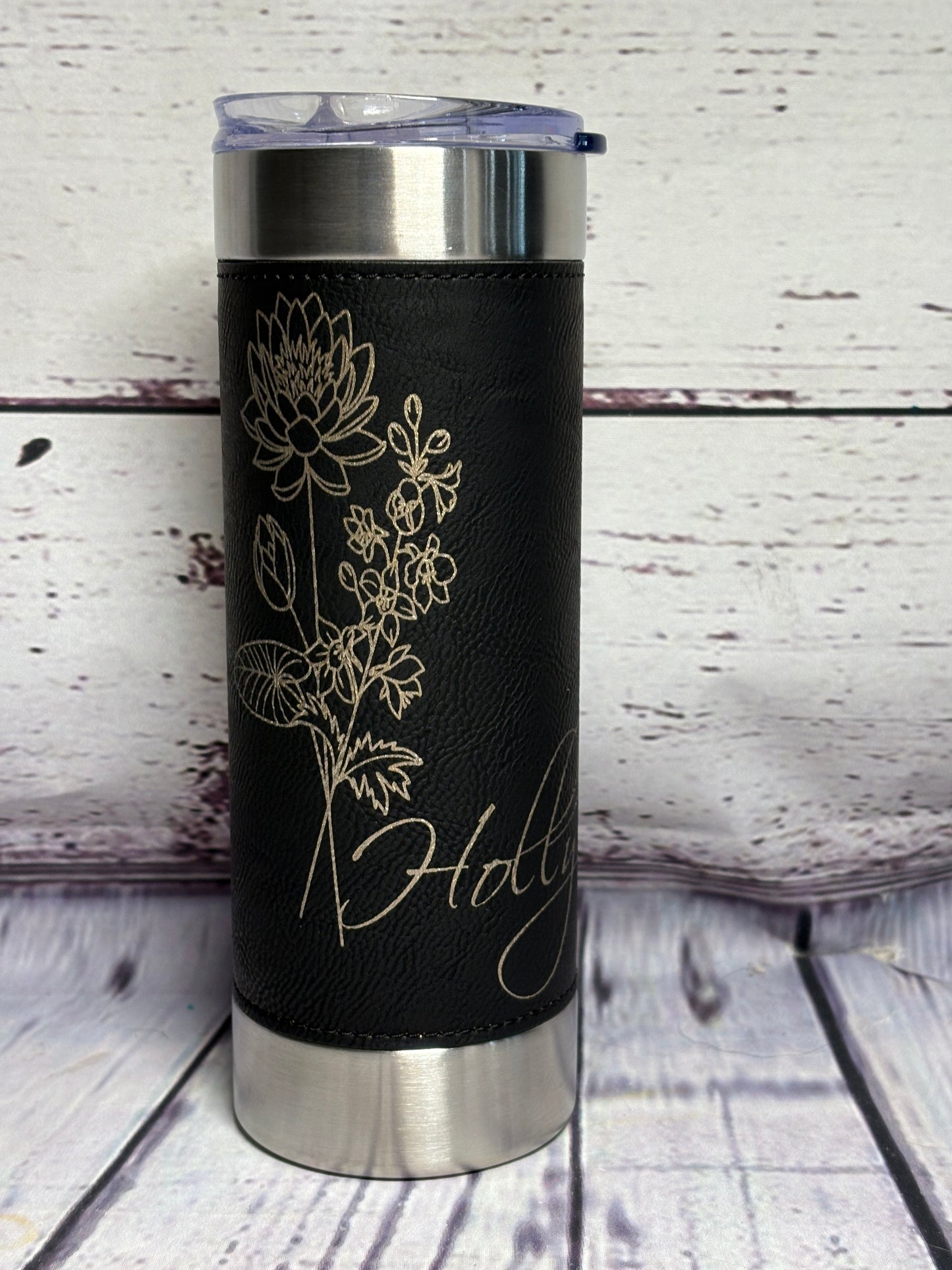 Flower of your Birth Month & your Name - 20oz tumbler, leather wrapped