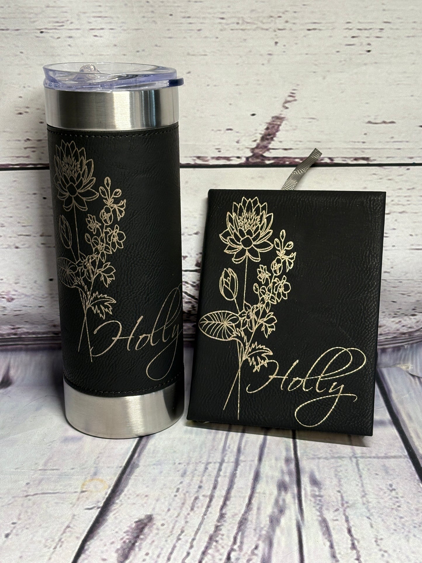 Flower of your Birth Month & your Name - Engraved Leather Notebook, 2 sizes to choose from
