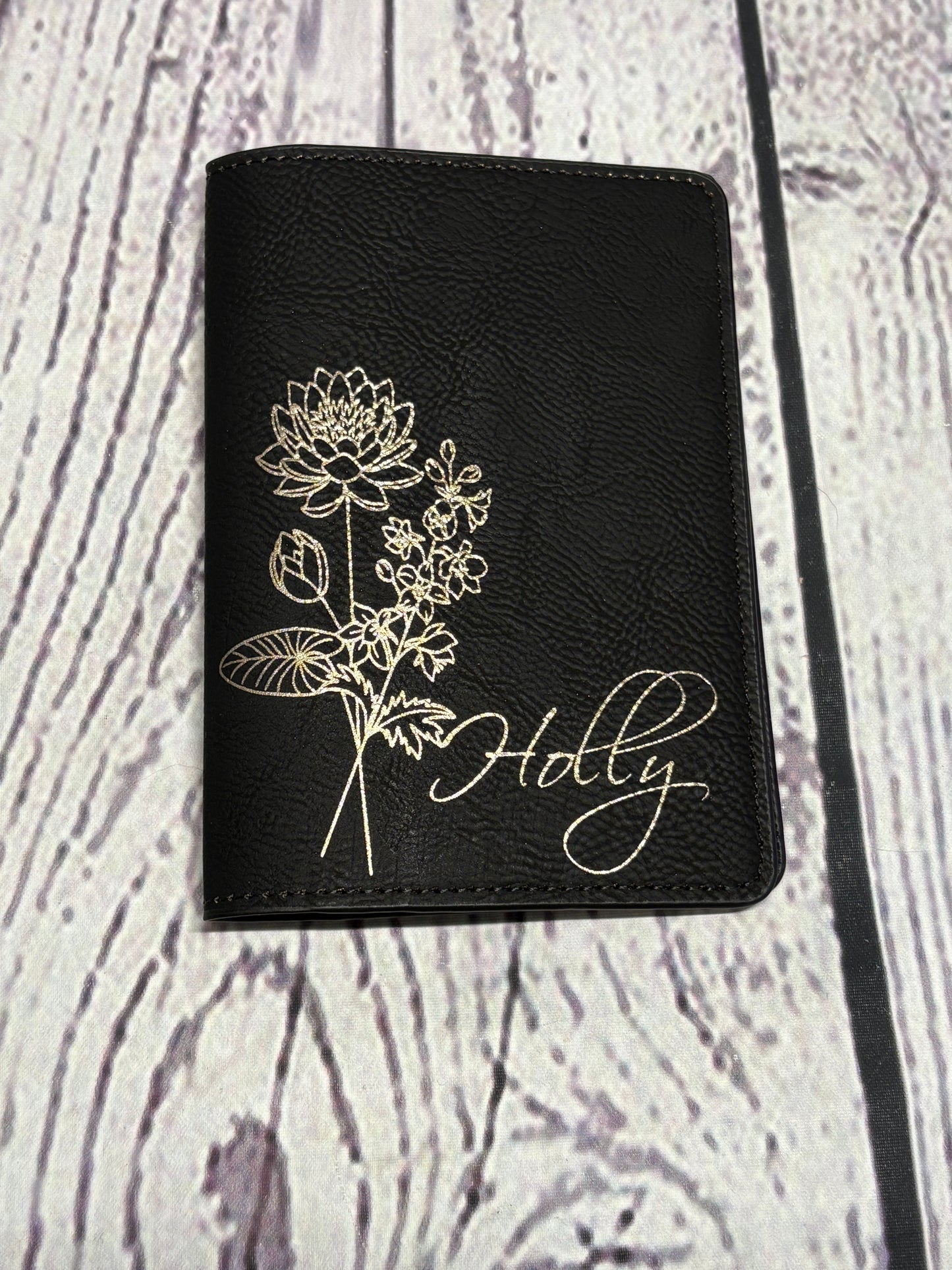 Flower of your Birth Month & your Name, Personalized - Leather Engraved Passport Folder