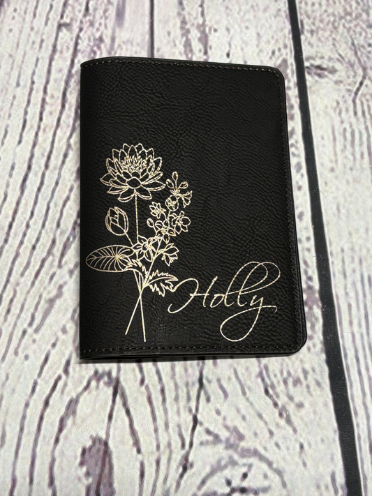 Flower of your Birth Month & your Name, Personalized - Leather Engraved Passport Folder