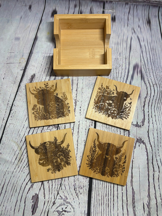 Highland Cows - Bamboo Coasters & Holder Set