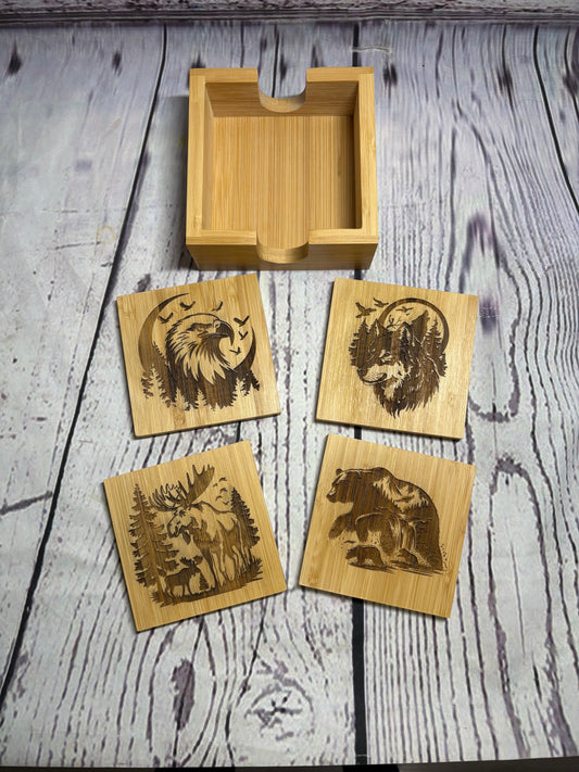 Wildlife, Grizzly Bear, Moose, Wolf & Eagle - Bamboo Coasters & Holder Set