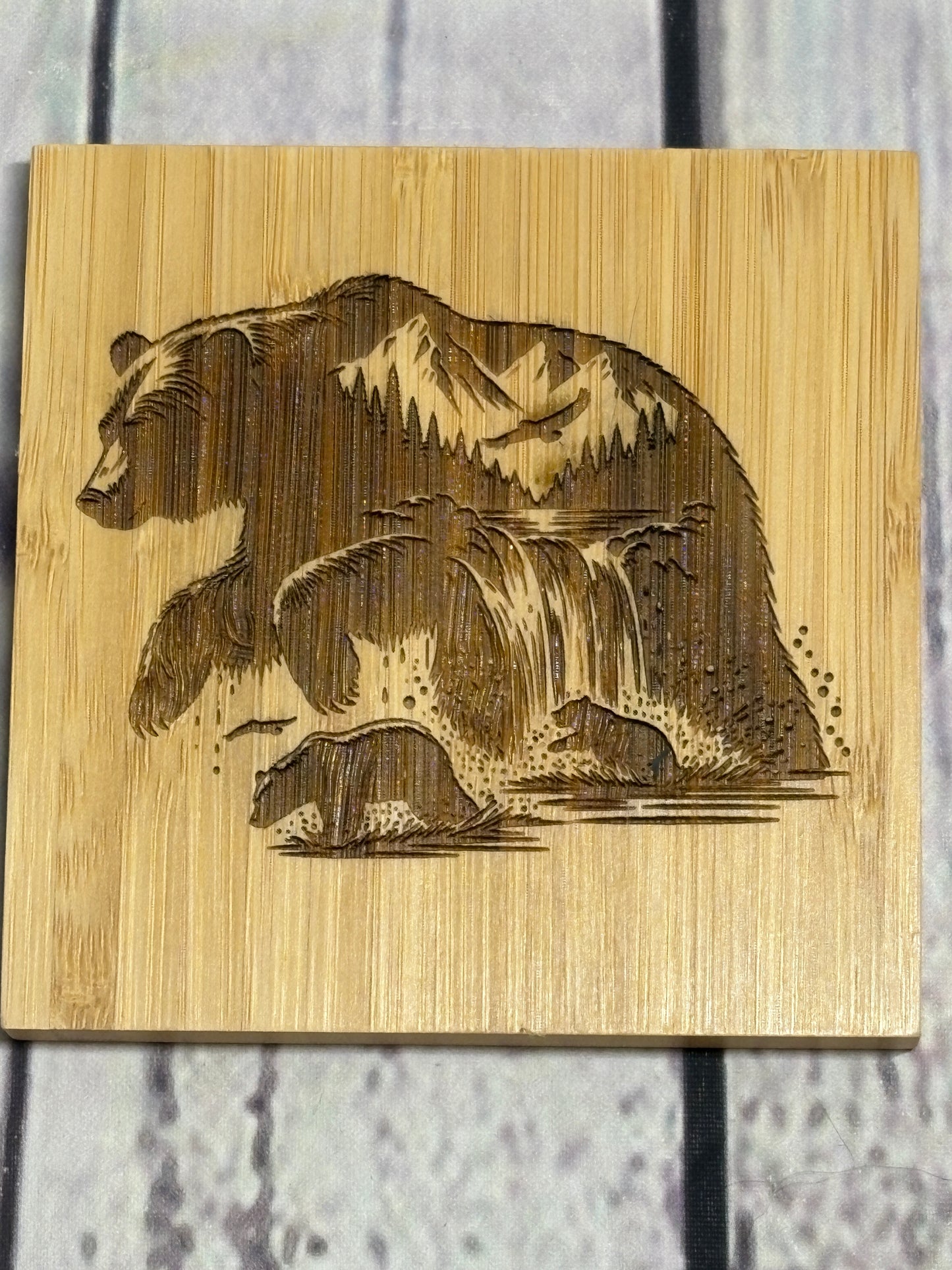 Wildlife, Grizzly Bear, Moose, Wolf & Eagle - Bamboo Coasters & Holder Set