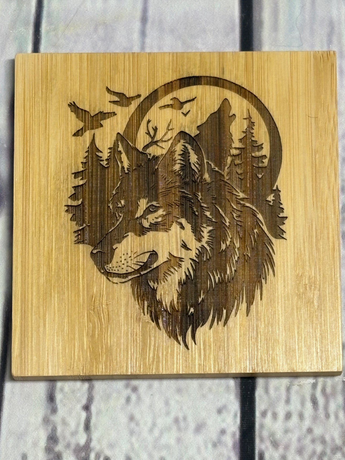 Wildlife, Grizzly Bear, Moose, Wolf & Eagle - Bamboo Coasters & Holder Set