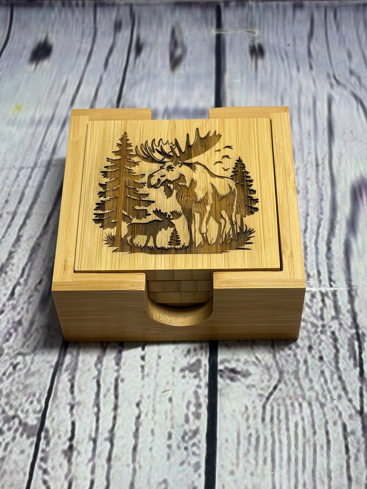 Wildlife, Grizzly Bear, Moose, Wolf & Eagle - Bamboo Coasters & Holder Set