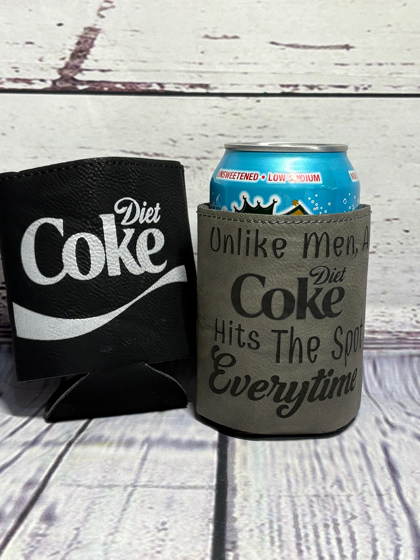 Unlike Men, A Cold "beverage  name here" Hits The Spot Every time - Engraved Leather Can Cooler Koozie