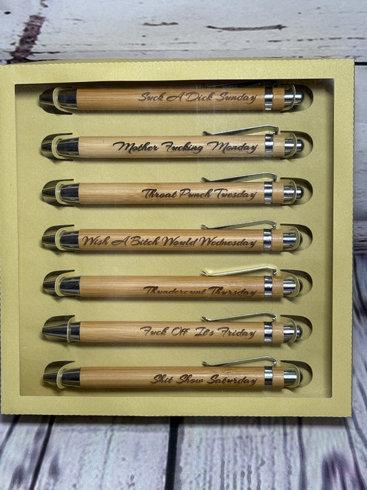 Sassy Days of The Week - Set of 7 Bamboo Pens With Engraved Lettering