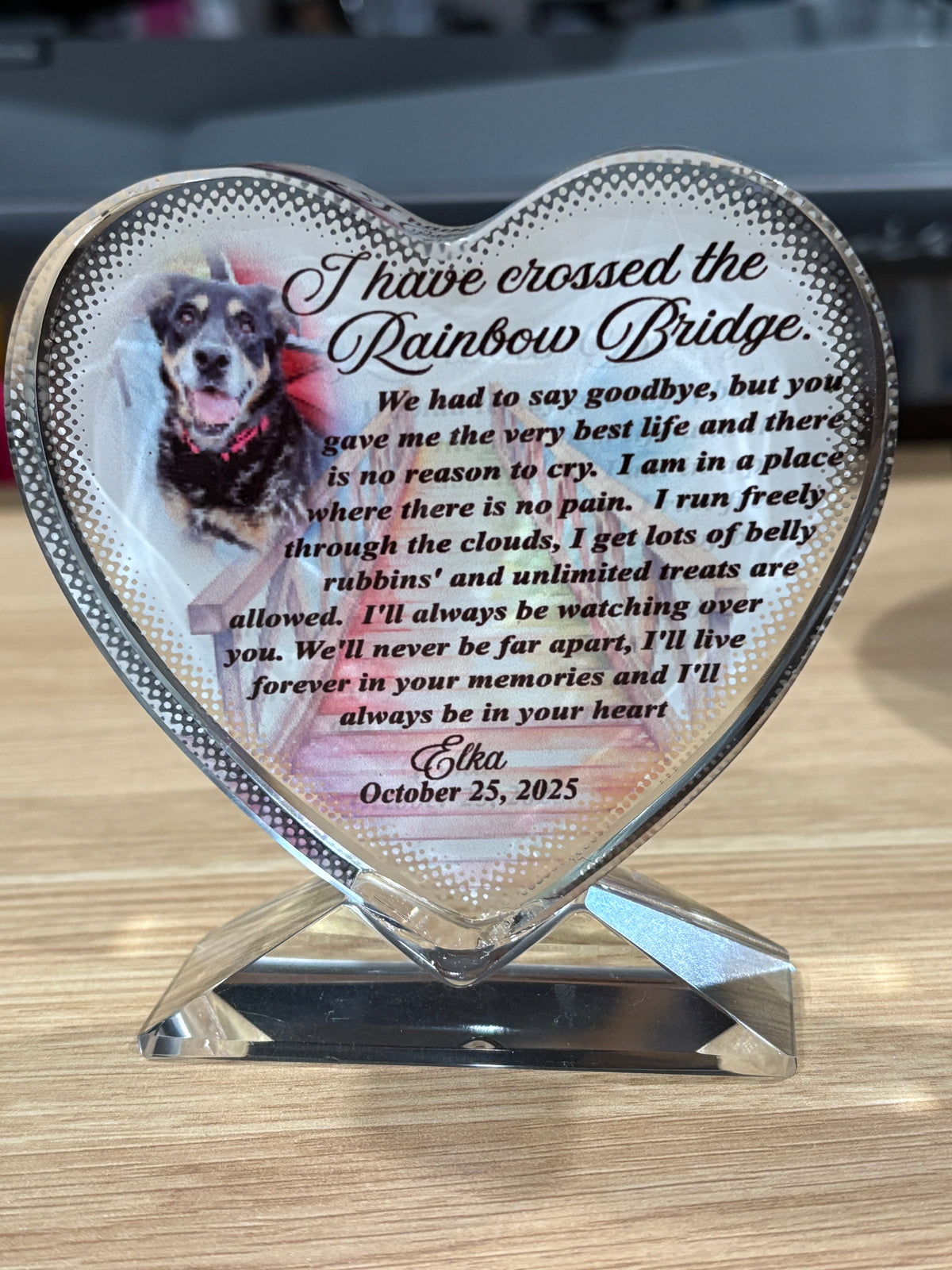 I Have Crossed The Rainbow Bridge Pet Memorial Photo -  Crystal Heart Photo Block